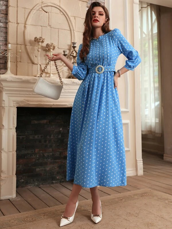 Polka Dot Print Puff Sleeve Belted Dress