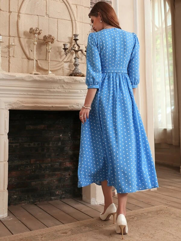 Polka Dot Print Puff Sleeve Belted Dress