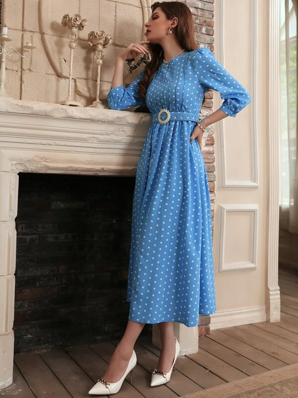 Polka Dot Print Puff Sleeve Belted Dress