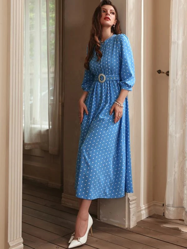 Polka Dot Print Puff Sleeve Belted Dress