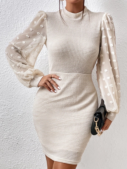 Swiss Dot Lantern Sleeve Mock Neck Bodycon Dress