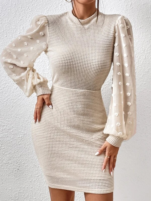 Swiss Dot Lantern Sleeve Mock Neck Bodycon Dress