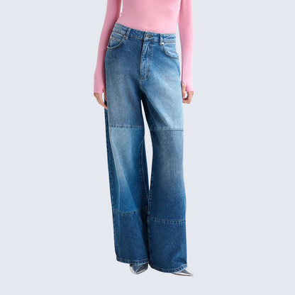 Blue Wide-Leg Contrast Jeans
