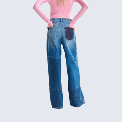 Blue Wide-Leg Contrast Jeans