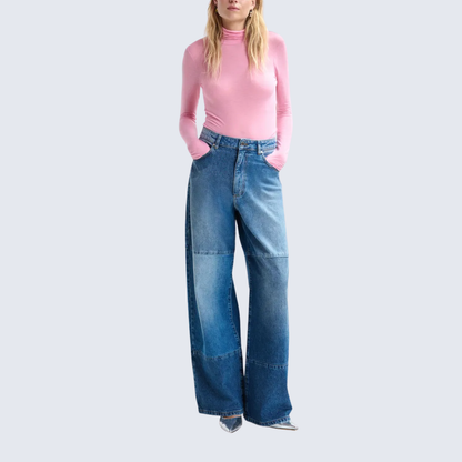 Blue Wide-Leg Contrast Jeans